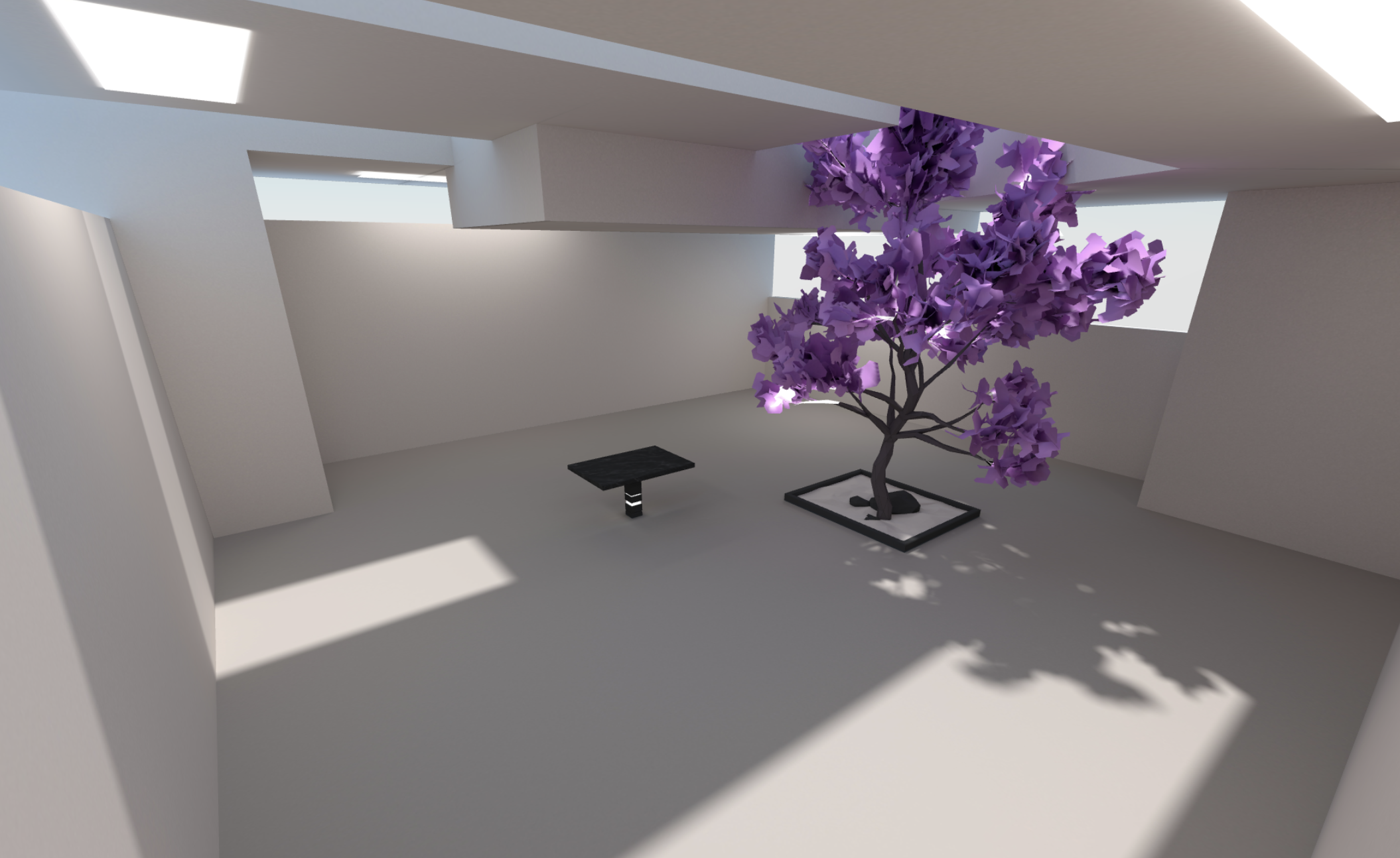 Small, simple and minimal gray room with smooth surfaces and a purple tree in the middle