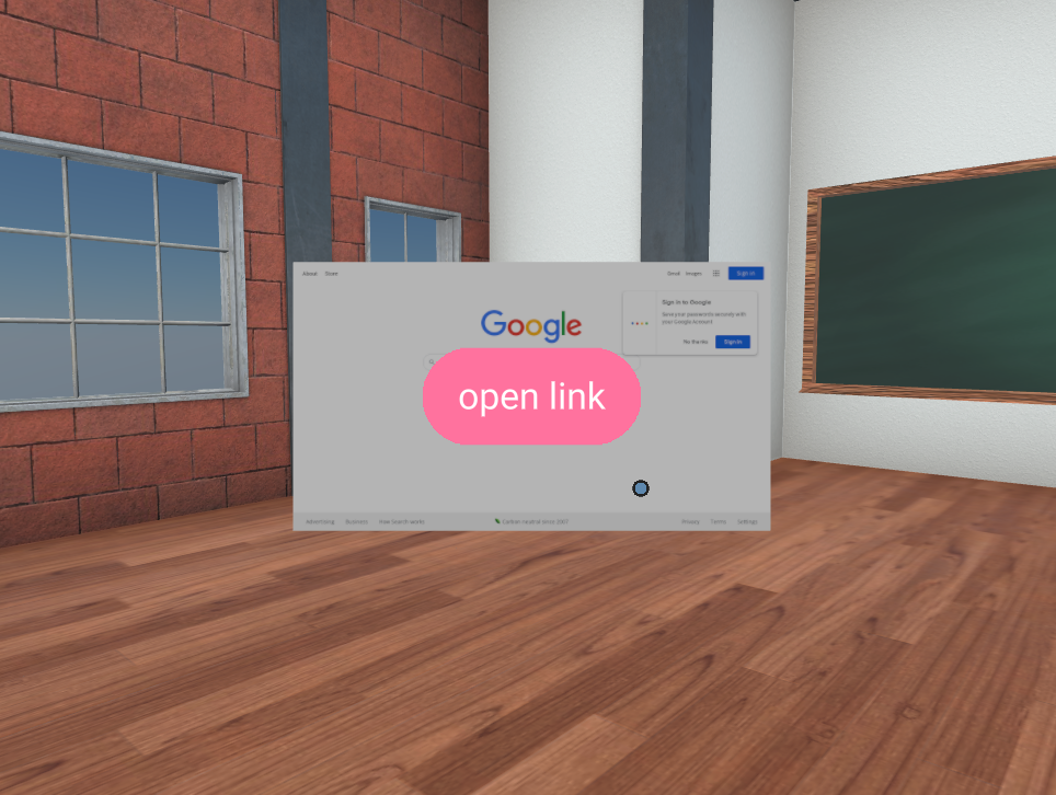 &quot;A Link Component inside the 3D Classroom showing a preview of google.com with the button &quot;Open Link&quot; in the center&quot;