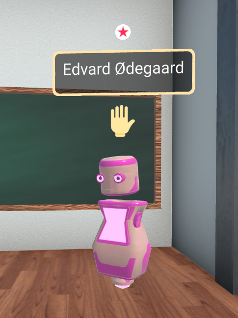 Pink robot avatar with raised hand icon in a classroom