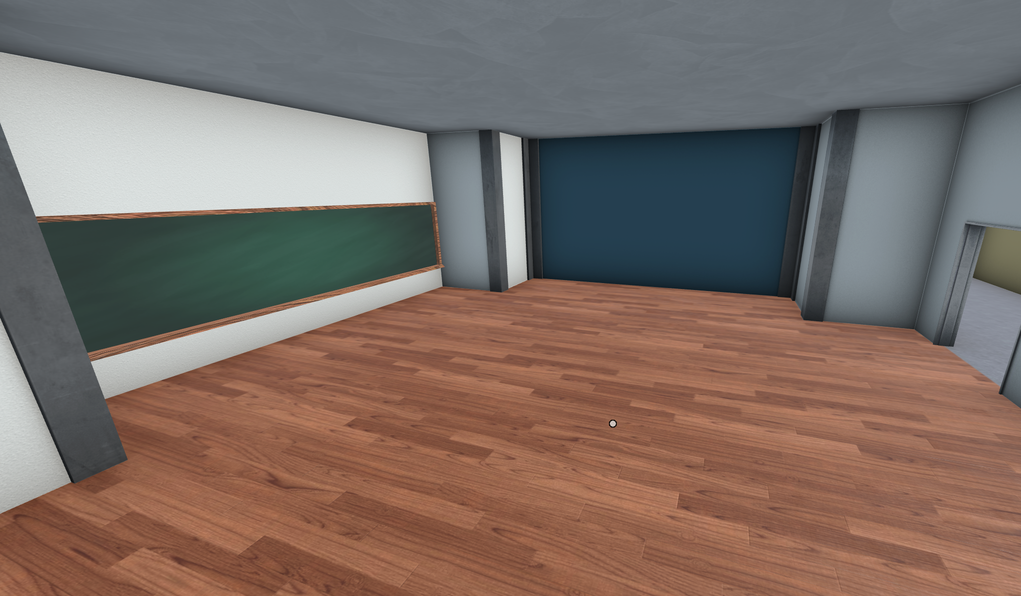 An empty square classroom with brown wood floors and a chalkboard